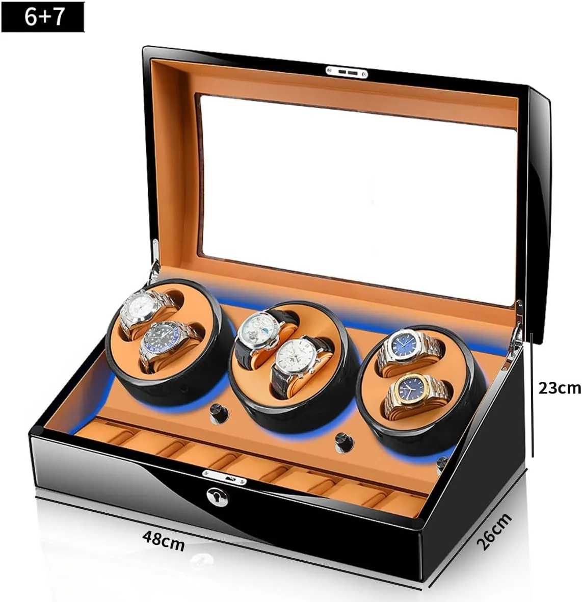 Automatic Watch Winder with 6 Winding Positions and 7 Storage Case Luxury Adjustable Watch Pillows Quiet Motor LED Light Watches Box