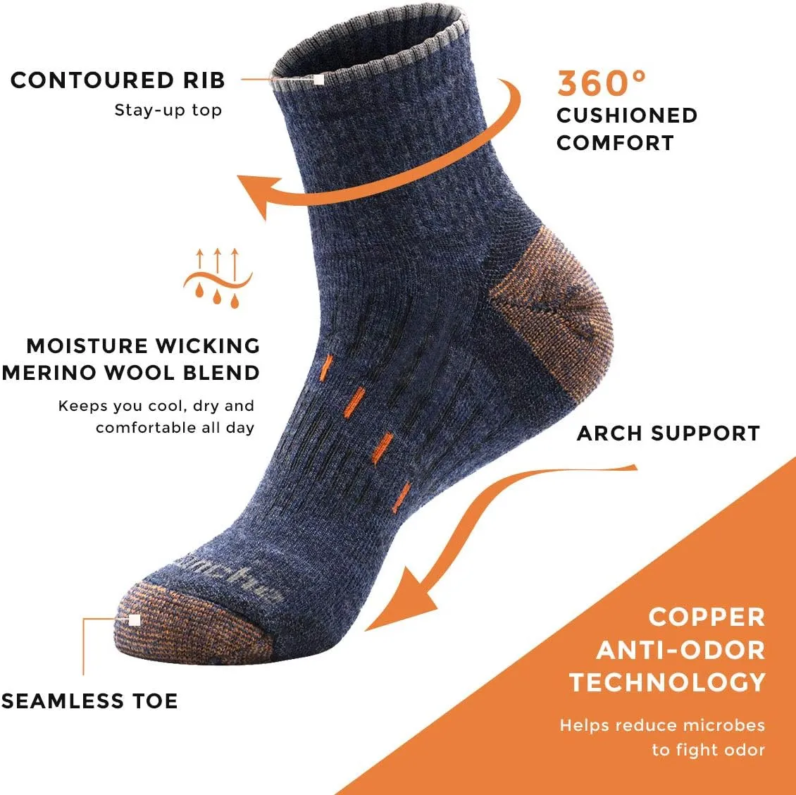 Avalanche Men's Odor Resistant Copper Wool Blend Crew Socks With Arch Support 2-Pack