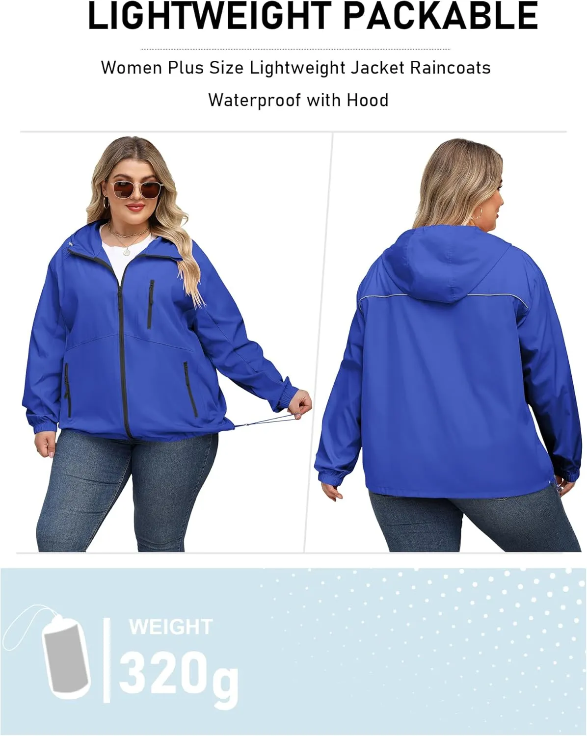 Avoogue Plus Size Womens Rain Jacket with Hood Waterproof Raincoats Lightweight Packable Outdoor Trench Coat XL-5XL