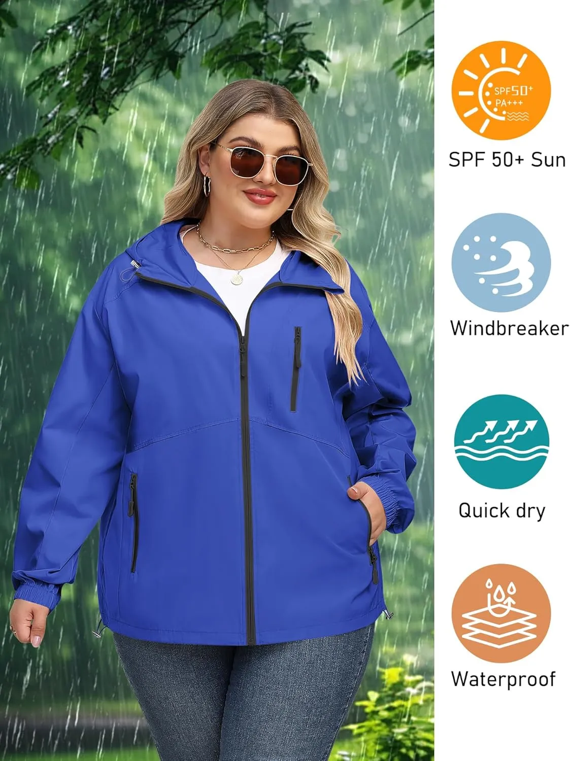 Avoogue Plus Size Womens Rain Jacket with Hood Waterproof Raincoats Lightweight Packable Outdoor Trench Coat XL-5XL