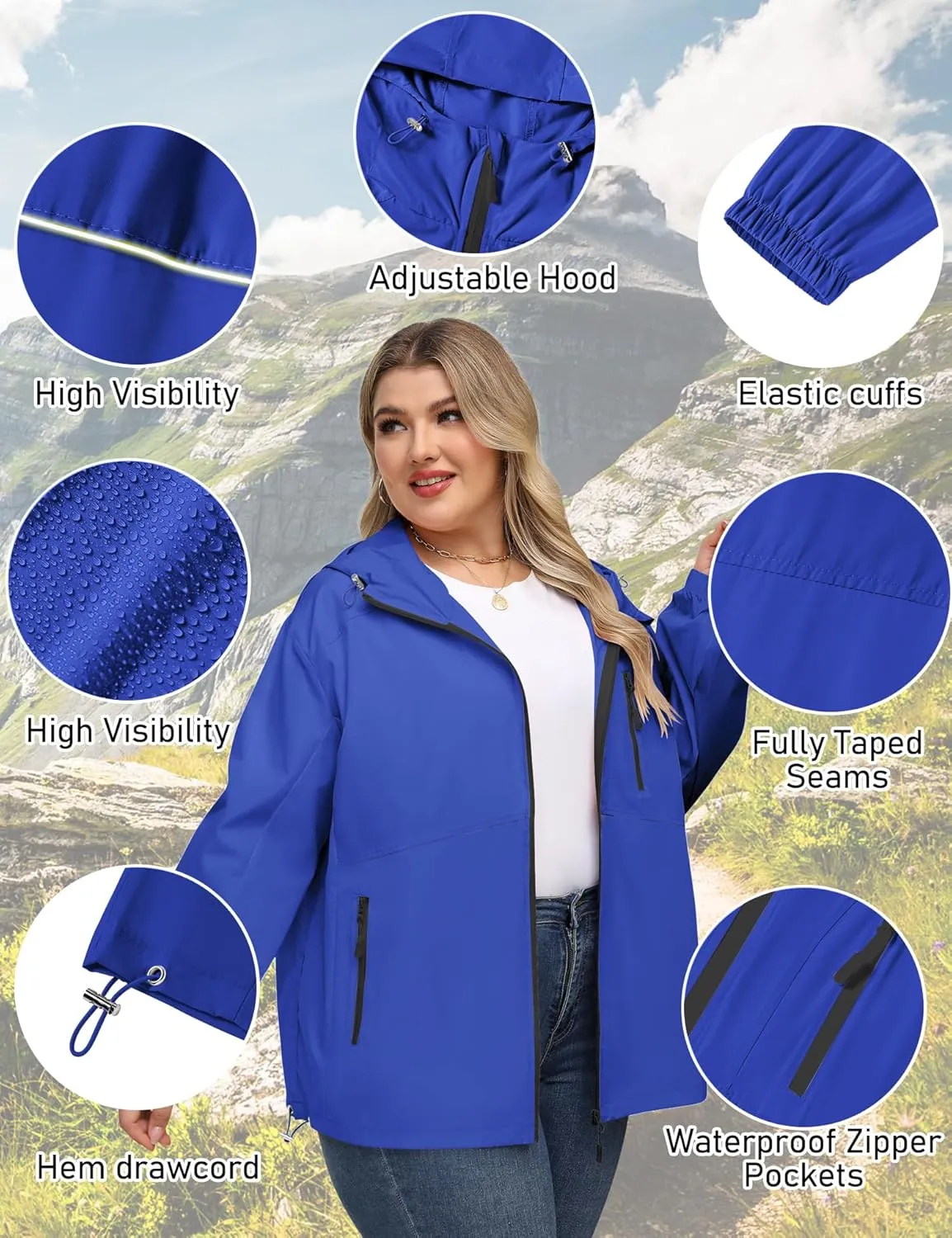 Avoogue Plus Size Womens Rain Jacket with Hood Waterproof Raincoats Lightweight Packable Outdoor Trench Coat XL-5XL