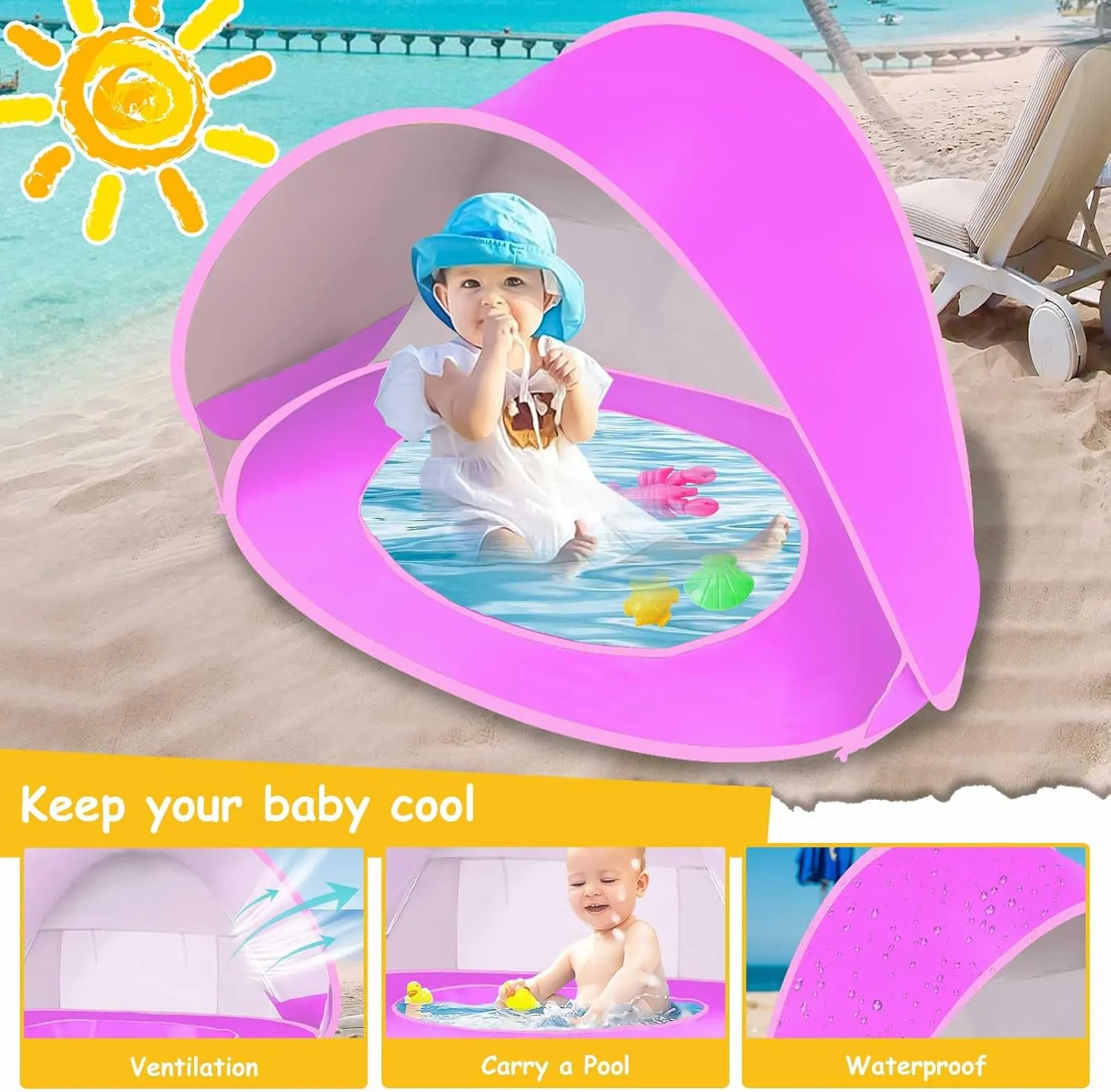 Baby Beach Tent, Pop Up Portable Shade Pool Sun Shelter for Infant with Carry Bag Outdoor Beach Shade and Toddler Cabana for Aged 0-3 Baby and Kids Baby Pool Tent (Pink)