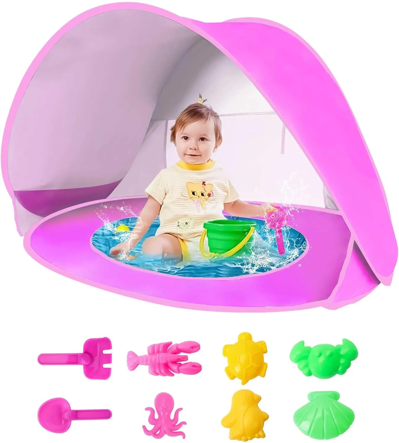 Baby Beach Tent, Pop Up Portable Shade Pool Sun Shelter for Infant with Carry Bag Outdoor Beach Shade and Toddler Cabana for Aged 0-3 Baby and Kids Baby Pool Tent (Pink)