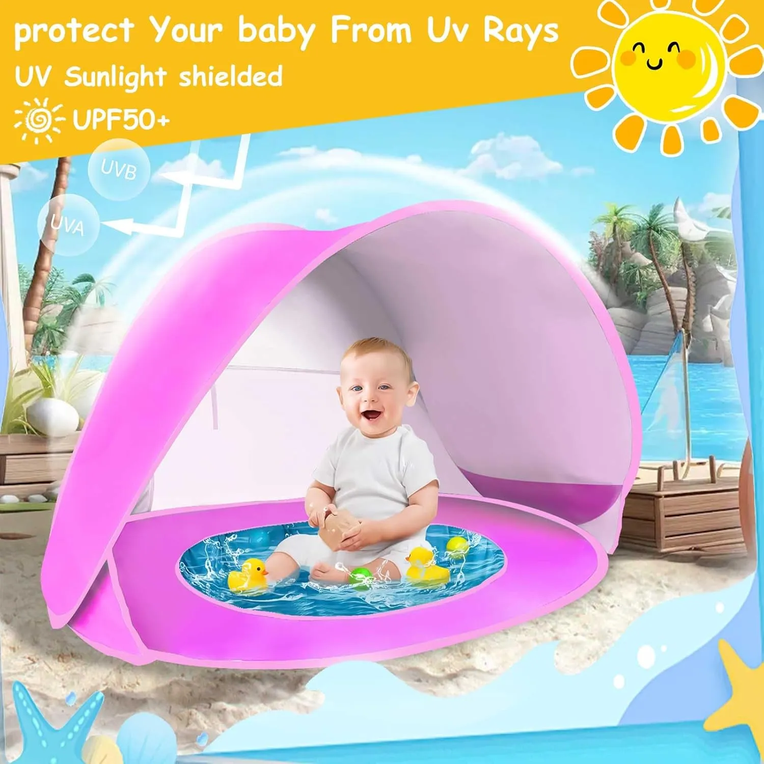 Baby Beach Tent, Pop Up Portable Shade Pool Sun Shelter for Infant with Carry Bag Outdoor Beach Shade and Toddler Cabana for Aged 0-3 Baby and Kids Baby Pool Tent (Pink)