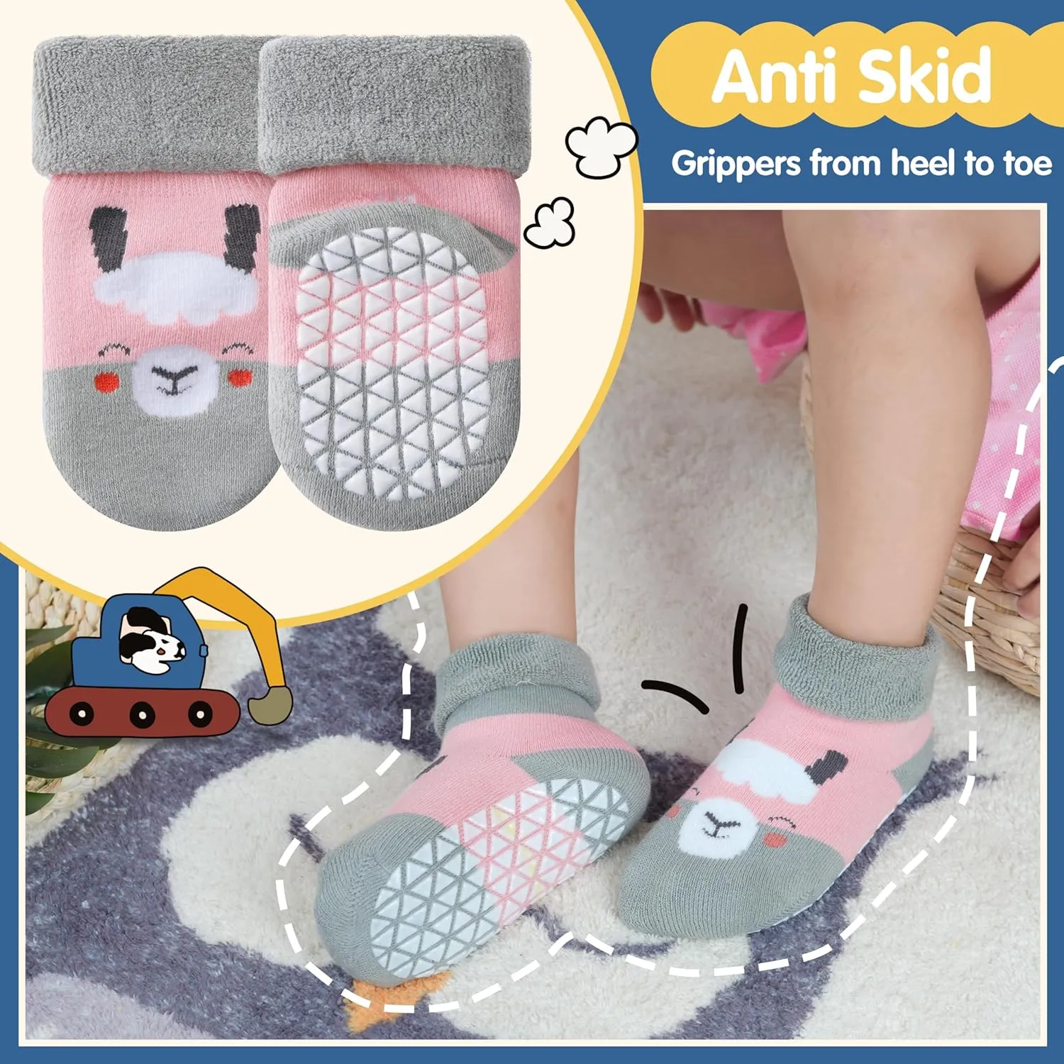 Baby Boys Girls Grips Socks Toddlers Kids Infants Anti Slip Non Skid Funny Cartoon Ankle Crew Socks with Grippers 9 Pairs