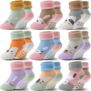 Baby Boys Girls Grips Socks Toddlers Kids Infants Anti Slip Non Skid Funny Cartoon Ankle Crew Socks with Grippers 9 Pairs