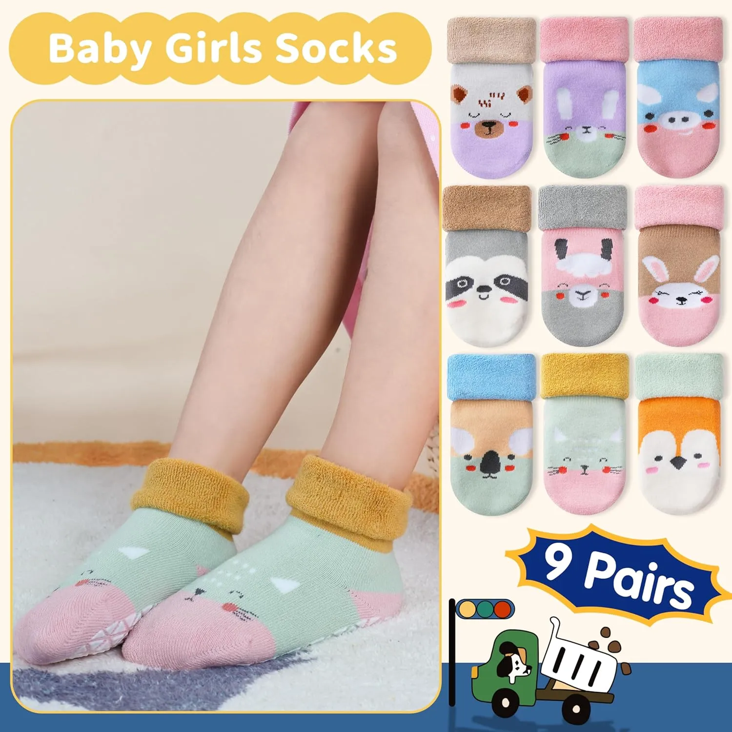 Baby Boys Girls Grips Socks Toddlers Kids Infants Anti Slip Non Skid Funny Cartoon Ankle Crew Socks with Grippers 9 Pairs