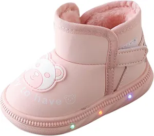 Baby Infant Boys Girls Booties Bear Light Up Glitter Fuzzy Shoes Boots Winter Outdoor First Walking Non Slip Shoes