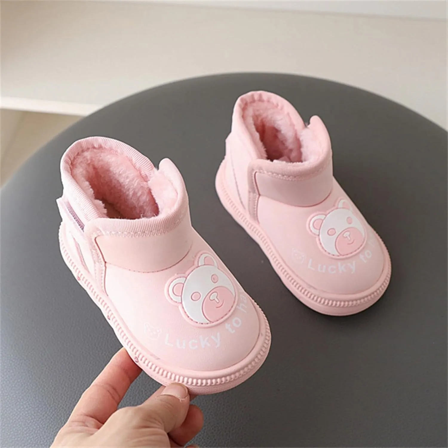 Baby Infant Boys Girls Booties Bear Light Up Glitter Fuzzy Shoes Boots Winter Outdoor First Walking Non Slip Shoes