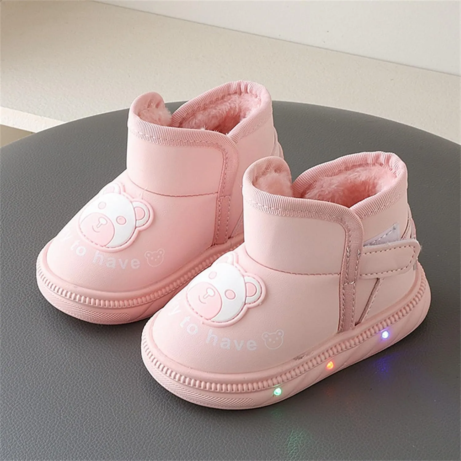 Baby Infant Boys Girls Booties Bear Light Up Glitter Fuzzy Shoes Boots Winter Outdoor First Walking Non Slip Shoes