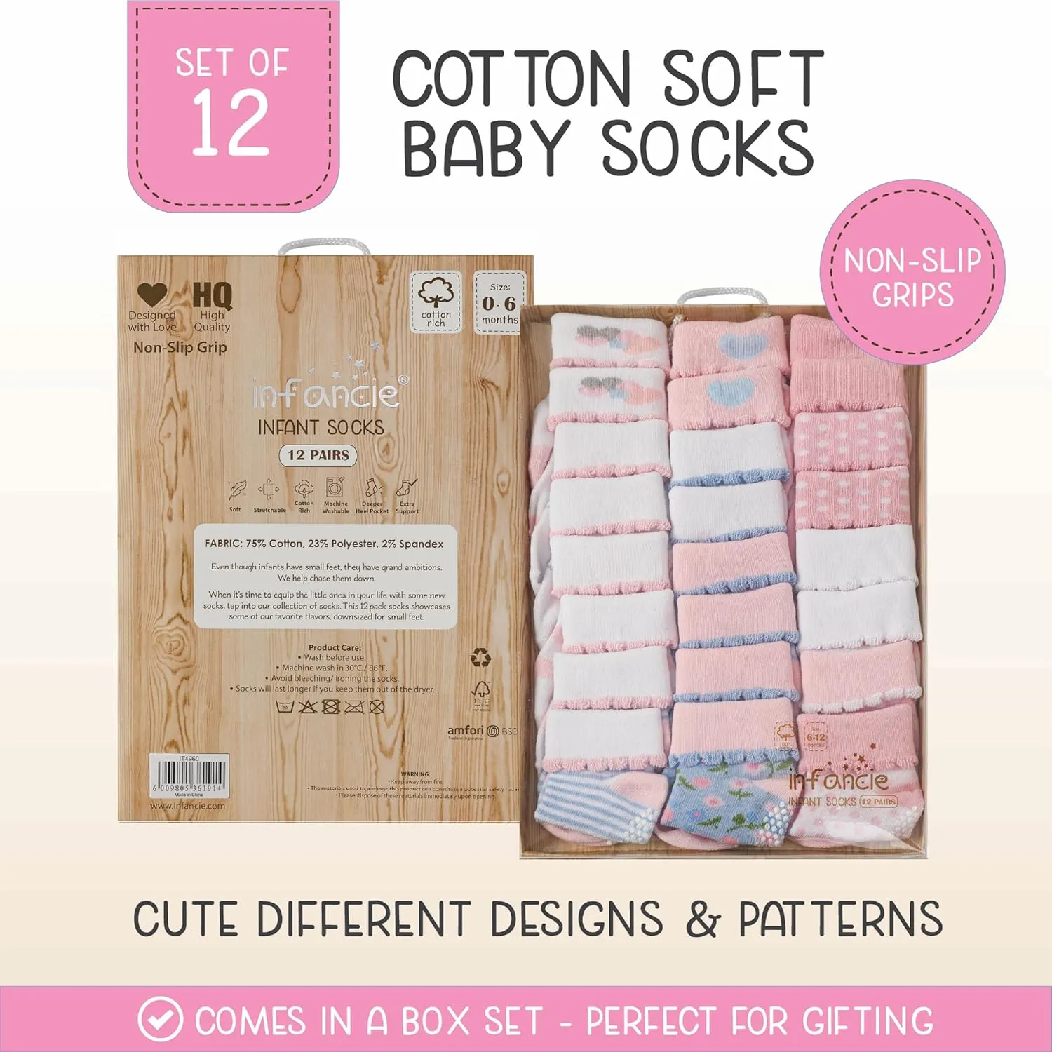 Baby Socks 12 Pairs - Non-Slip Infant Grip for Newborns & Toddlers 0-6 Months, Boys & Girls, Safe for Walking