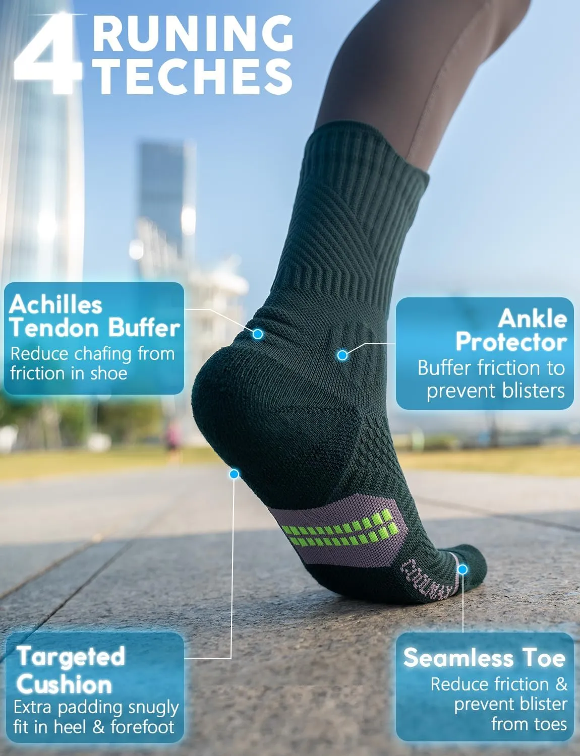 Bamboo Viscose Compression Running Crew Socks, Coolmax Moisture-Wicking Anti-Blister Hiking&Gym Athletic Socks