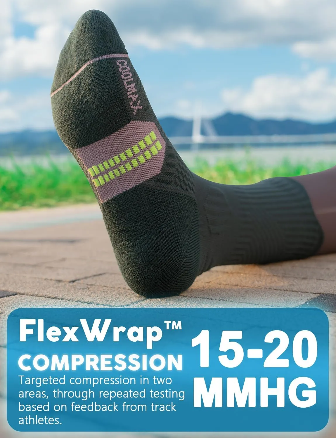 Bamboo Viscose Compression Running Crew Socks, Coolmax Moisture-Wicking Anti-Blister Hiking&Gym Athletic Socks