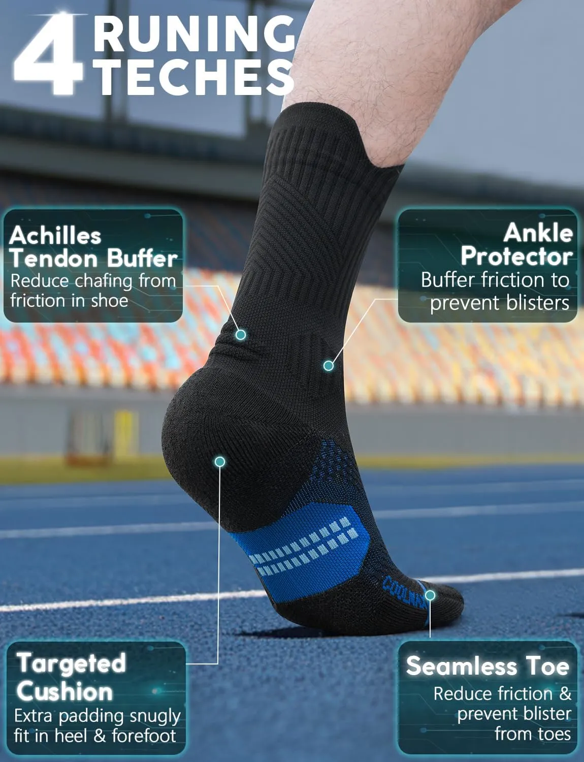 Bamboo Viscose Coolmax Crew Compression Running Socks Athletic Hiking Workout Moisture Wicking Anti-Blister