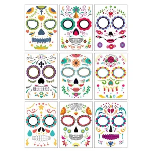 barenx Halloween Temporary Face Tattoo, Day of the Dead Sugar Skull Tattoo 9 Pack, Skeleton Face Tattoo Kit for Women Men Kids - Set 2