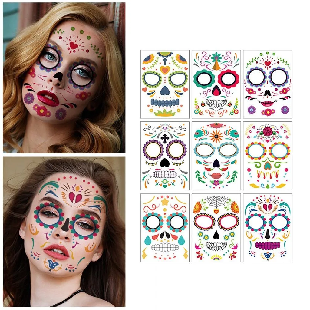 barenx Halloween Temporary Face Tattoo, Day of the Dead Sugar Skull Tattoo 9 Pack, Skeleton Face Tattoo Kit for Women Men Kids - Set 2