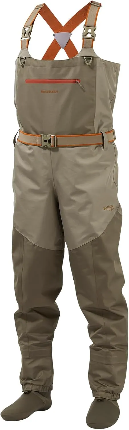 BASSDASH Men’s IMMERSE Tan Waders Waterproof Breathable Fly Fishing Stocking Foot Chest Waders for Hunting Lightweight