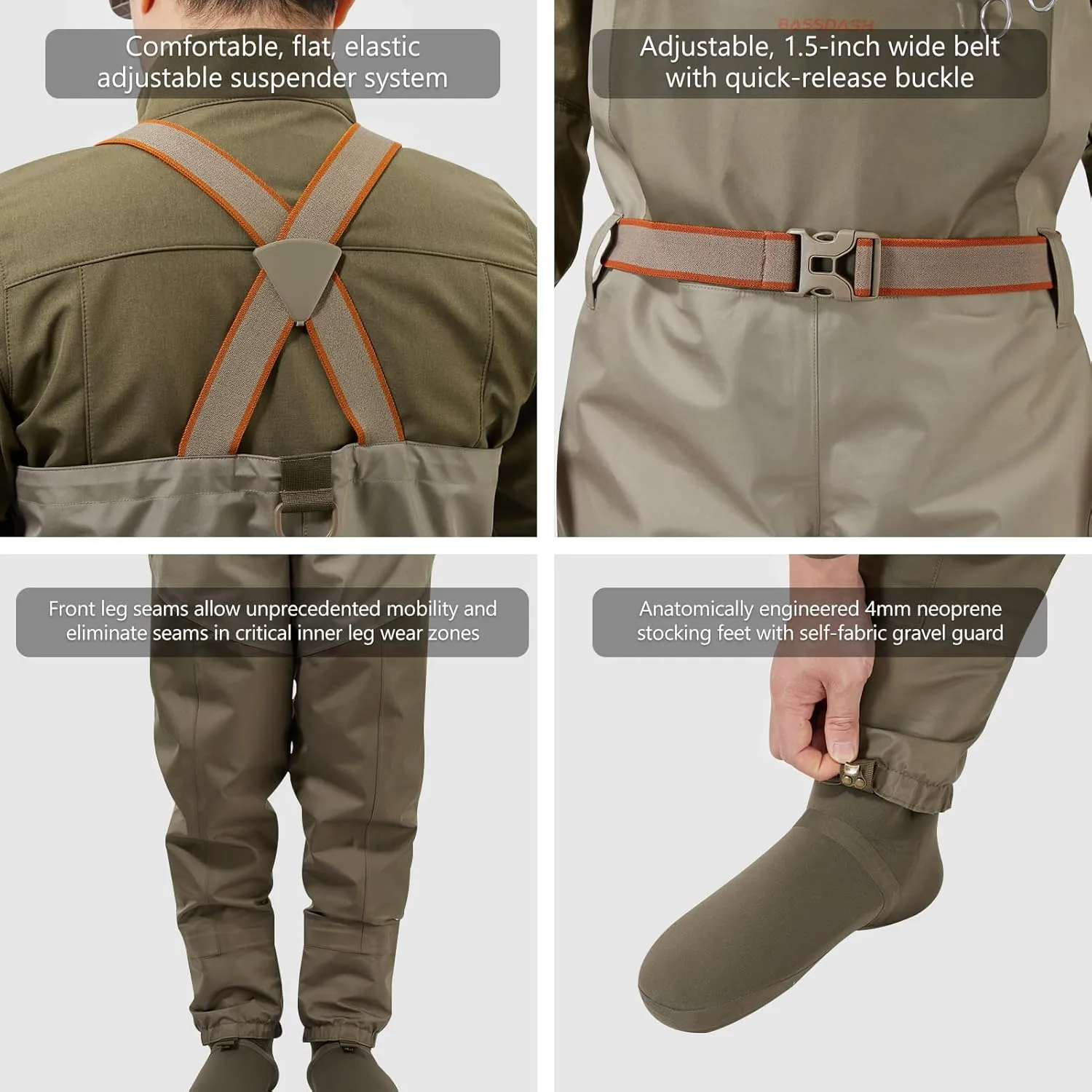 BASSDASH Men’s IMMERSE Tan Waders Waterproof Breathable Fly Fishing Stocking Foot Chest Waders for Hunting Lightweight