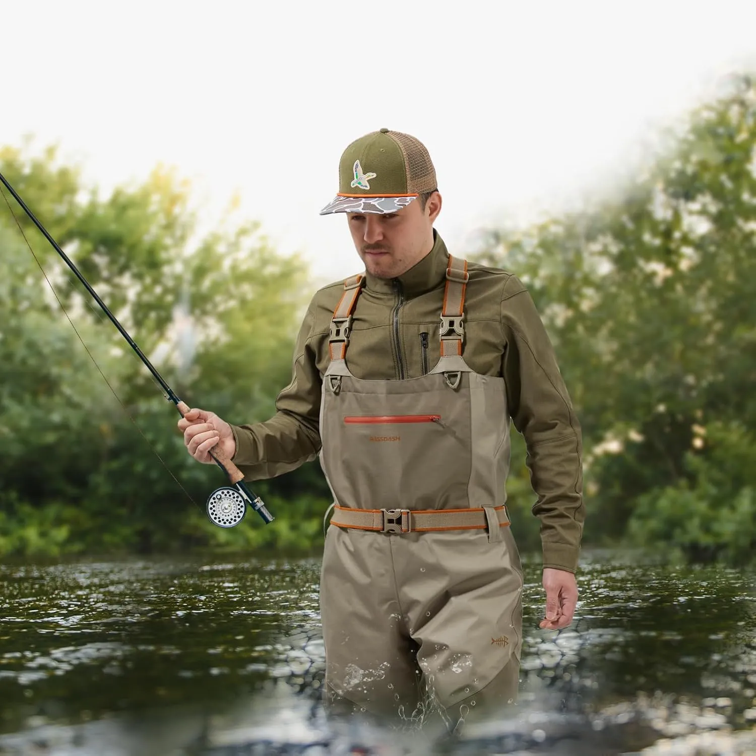 BASSDASH Men’s IMMERSE Tan Waders Waterproof Breathable Fly Fishing Stocking Foot Chest Waders for Hunting Lightweight