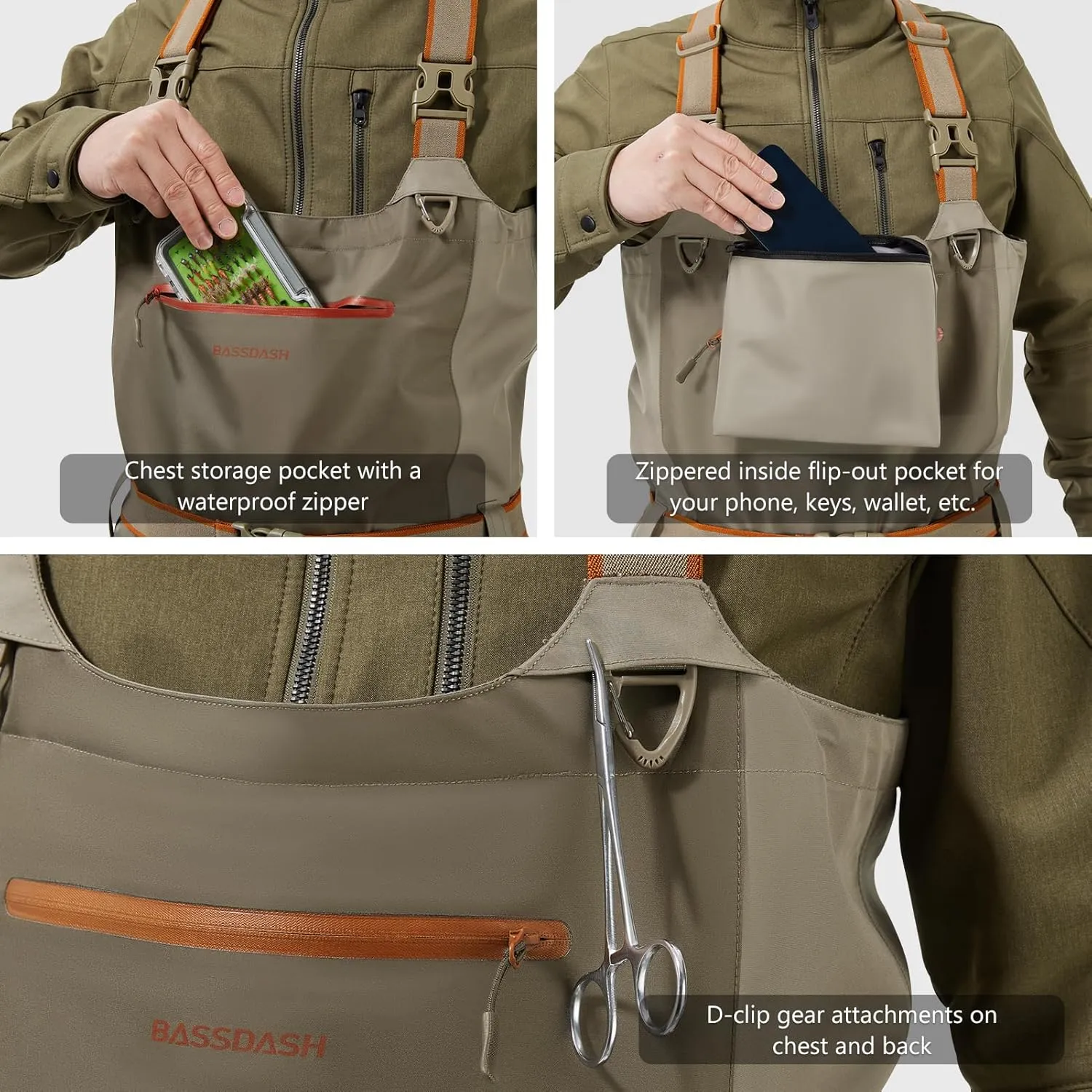 BASSDASH Men’s IMMERSE Tan Waders Waterproof Breathable Fly Fishing Stocking Foot Chest Waders for Hunting Lightweight