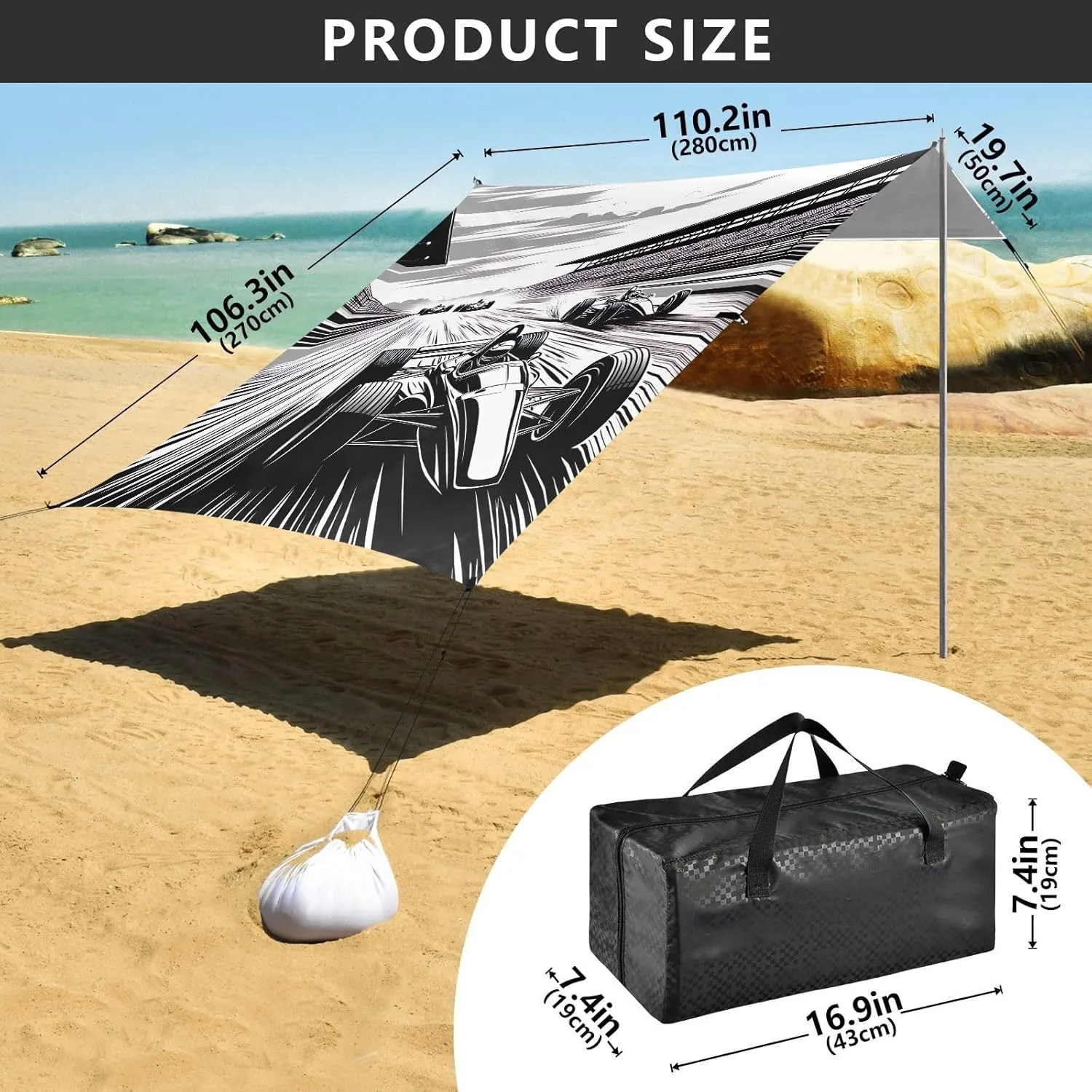 Beach Canopy Tent Outdoor Patio Shade Cute 9.2 × 10.5 FT Outside Camping Sun Shelter Custom Racing Car Speed Black Shelters with Sand Bags Poles