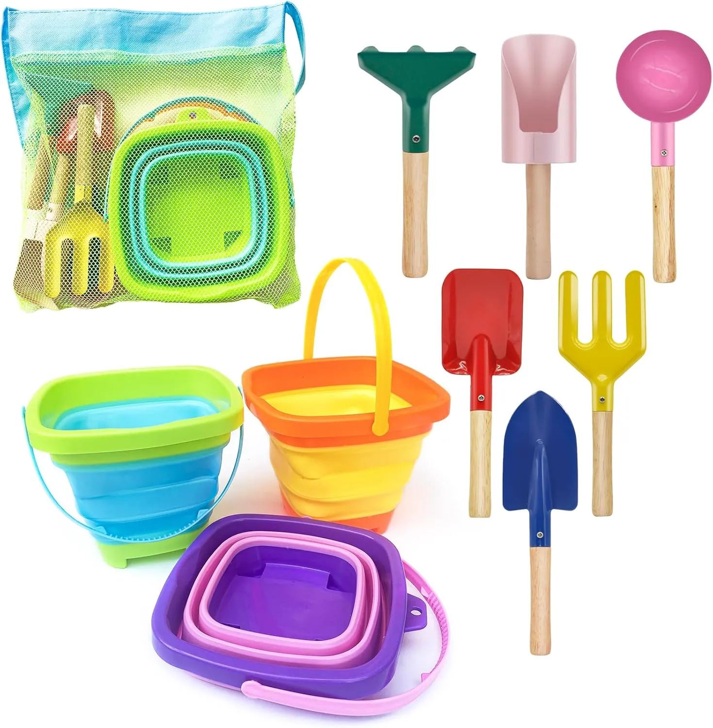 Beach Sandbox Toy Set for Boys and Girls - Includes Cylinder Scoop, Trowel, Spoon, Fork, Rake and Shovel with 3 Collapsible Buckets & Mesh Beach Bag