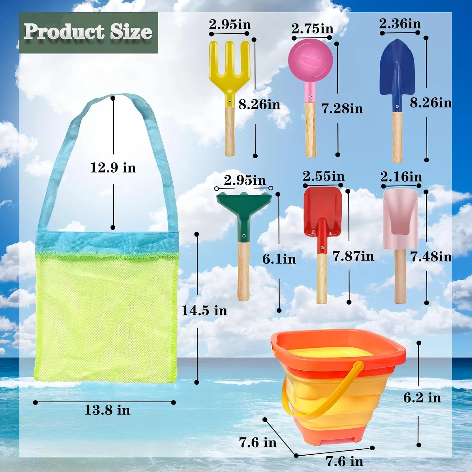 Beach Sandbox Toy Set for Boys and Girls - Includes Cylinder Scoop, Trowel, Spoon, Fork, Rake and Shovel with 3 Collapsible Buckets & Mesh Beach Bag