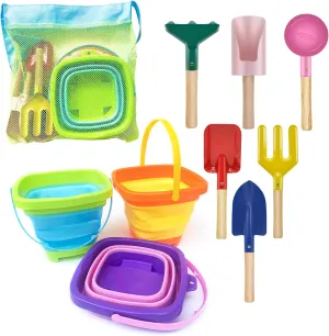 Beach Sandbox Toy Set for Boys and Girls - Includes Cylinder Scoop, Trowel, Spoon, Fork, Rake and Shovel with 3 Collapsible Buckets & Mesh Beach Bag