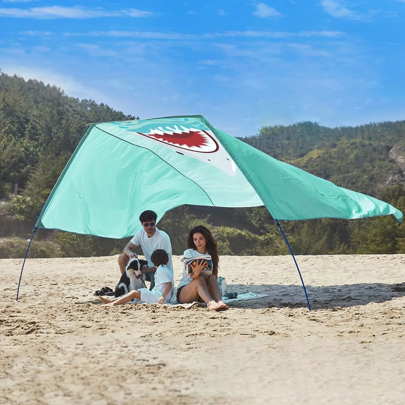 Beach Shade Tent Sun Canopy Shelter, Wind Canopy for Beach, Backyard, Park, Dessert, Light Weight, Easy Set Up, 150 Sq. Ft. of Shade for 3-6 People, Blue Tint Shark