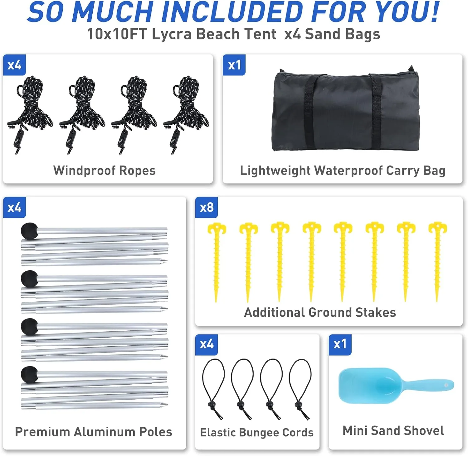 Beach Tent Pop Up Shade Canopy Sun Shelter UPF50  with 4 Stability Poles/Carry Bag/Ground Pegs/Sand Shovel/Windproof Ropes Portable Outdoor Family Sunshade for Beach Camping(Royal Blue10×10FT)
