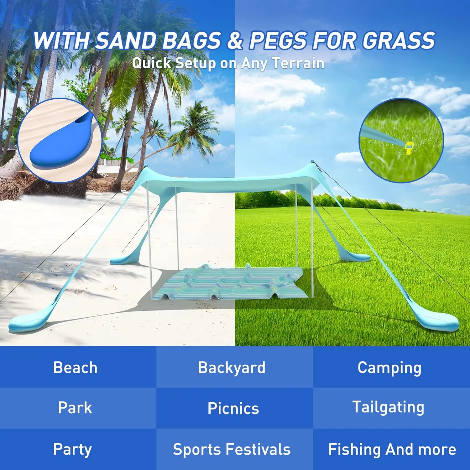Beach Tent Pop Up Shade Canopy Sun Shelter UPF50  with 4 Stability Poles/Carry Bag/Ground Pegs/Sand Shovel/Windproof Ropes Portable Outdoor Family Sunshade for Beach Camping(Royal Blue10×10FT)