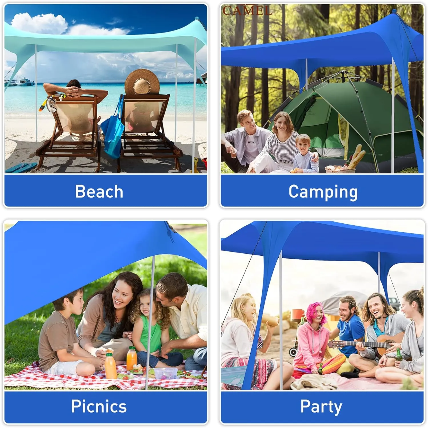 Beach Tent Pop Up Shade Canopy Sun Shelter UPF50  with 4 Stability Poles/Carry Bag/Ground Pegs/Sand Shovel/Windproof Ropes Portable Outdoor Family Sunshade for Beach Camping(Royal Blue10×10FT)