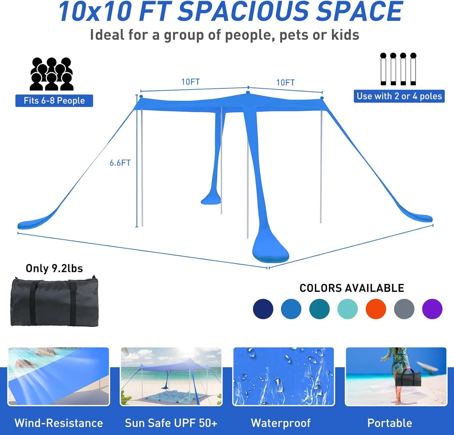 Beach Tent Pop Up Shade Canopy Sun Shelter UPF50  with 4 Stability Poles/Carry Bag/Ground Pegs/Sand Shovel/Windproof Ropes Portable Outdoor Family Sunshade for Beach Camping(Royal Blue10×10FT)