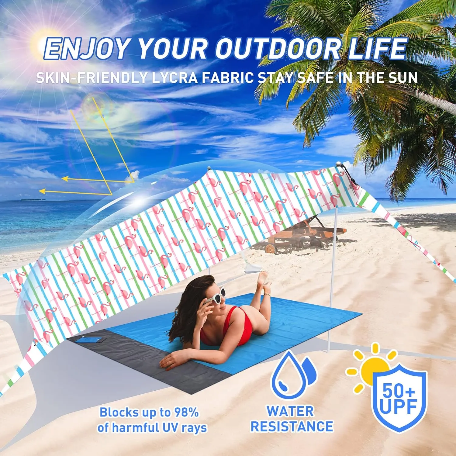 Beach Tent Pop Up Sun Shade Canopy Sun Shelter UPF50  with 4 Stability Poles/Carry Bag/Ground Pegs/Sand Shovel/Windproof Ropes Portable Outdoor Family Sunshade for Beach Camping Fishing Picnic