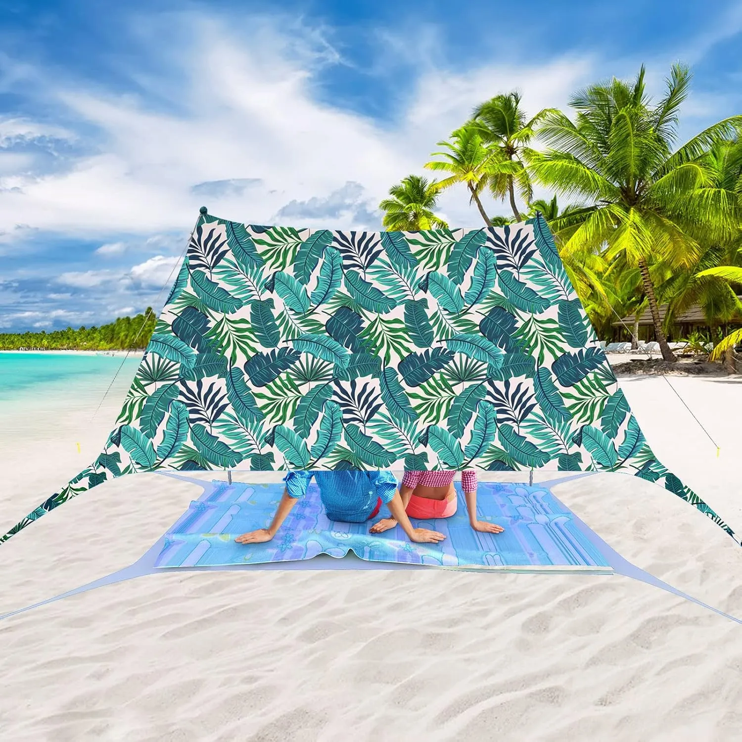 Beach Tent Pop Up Sun Shade Canopy Sun Shelter UPF50  with 4 Stability Poles/Carry Bag/Ground Pegs/Sand Shovel/Windproof Ropes Portable Outdoor Family Sunshade for Beach Camping Fishing Picnic