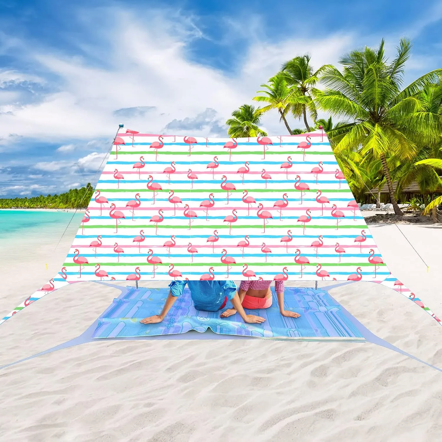Beach Tent Pop Up Sun Shade Canopy Sun Shelter UPF50  with 4 Stability Poles/Carry Bag/Ground Pegs/Sand Shovel/Windproof Ropes Portable Outdoor Family Sunshade for Beach Camping Fishing Picnic