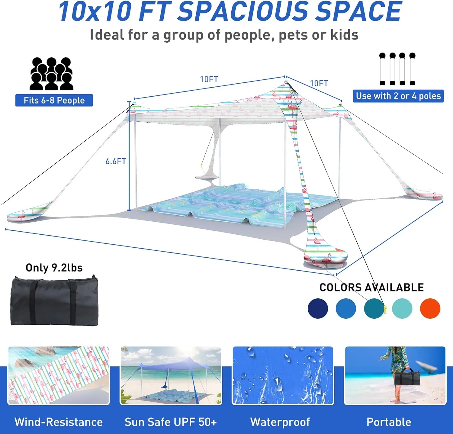Beach Tent Pop Up Sun Shade Canopy Sun Shelter UPF50  with 4 Stability Poles/Carry Bag/Ground Pegs/Sand Shovel/Windproof Ropes Portable Outdoor Family Sunshade for Beach Camping Fishing Picnic