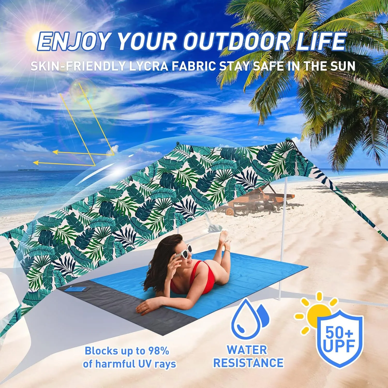Beach Tent Pop Up Sun Shade Canopy Sun Shelter UPF50  with 4 Stability Poles/Carry Bag/Ground Pegs/Sand Shovel/Windproof Ropes Portable Outdoor Family Sunshade for Beach Camping Fishing Picnic