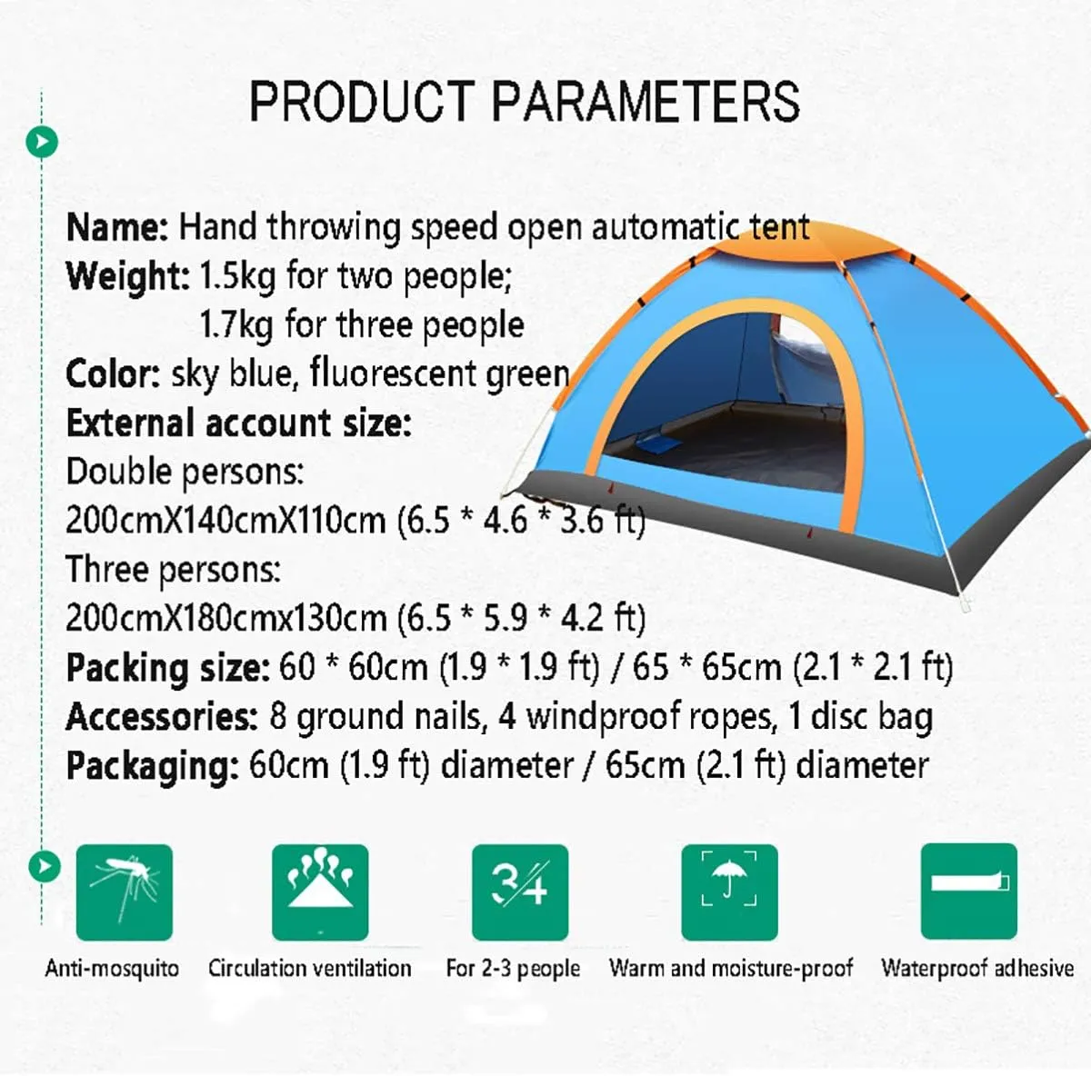 Beach Tent, Pop Up Tents for Double/3 to 4 Person Automatic Opening Double Layer Tent,Rainproof and Sunproof Portable Beach Camping Tent,Green,3 to4 People