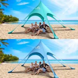 Beach Tent Sun Shelter & Portable Beach Canopy UPF 80  UV Protection, Beach Shade Canopy with 6 Sandbags, Sand Shovel Ground Pegs for Outdoor Camping, Picnics (12x12ft, Sky Blue)