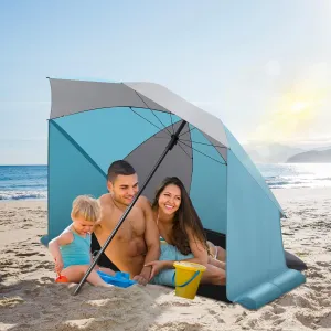 Beach Umbrella for Sand Portable, Carry Bag & Sand Anchor, UPF 50  Beach Tent Sun Shelter, Easy Pop Up Sunula Outdoor Sun Shade, UV Protection, for Holiday, Travel, Sports, Patio, Blue & Gray