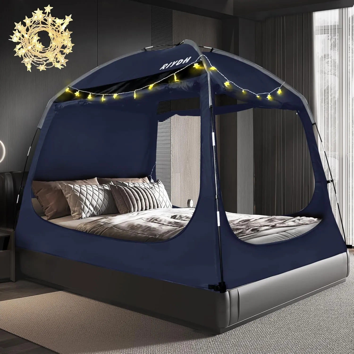Bed Tent Bed Canopy Breathable 100% for Adult and Kids- Original Design Light Reduction 93% Sleeping Dream Tents Indoor Portable Big Space with String Light 3 Doors Twin Full Queen King Size