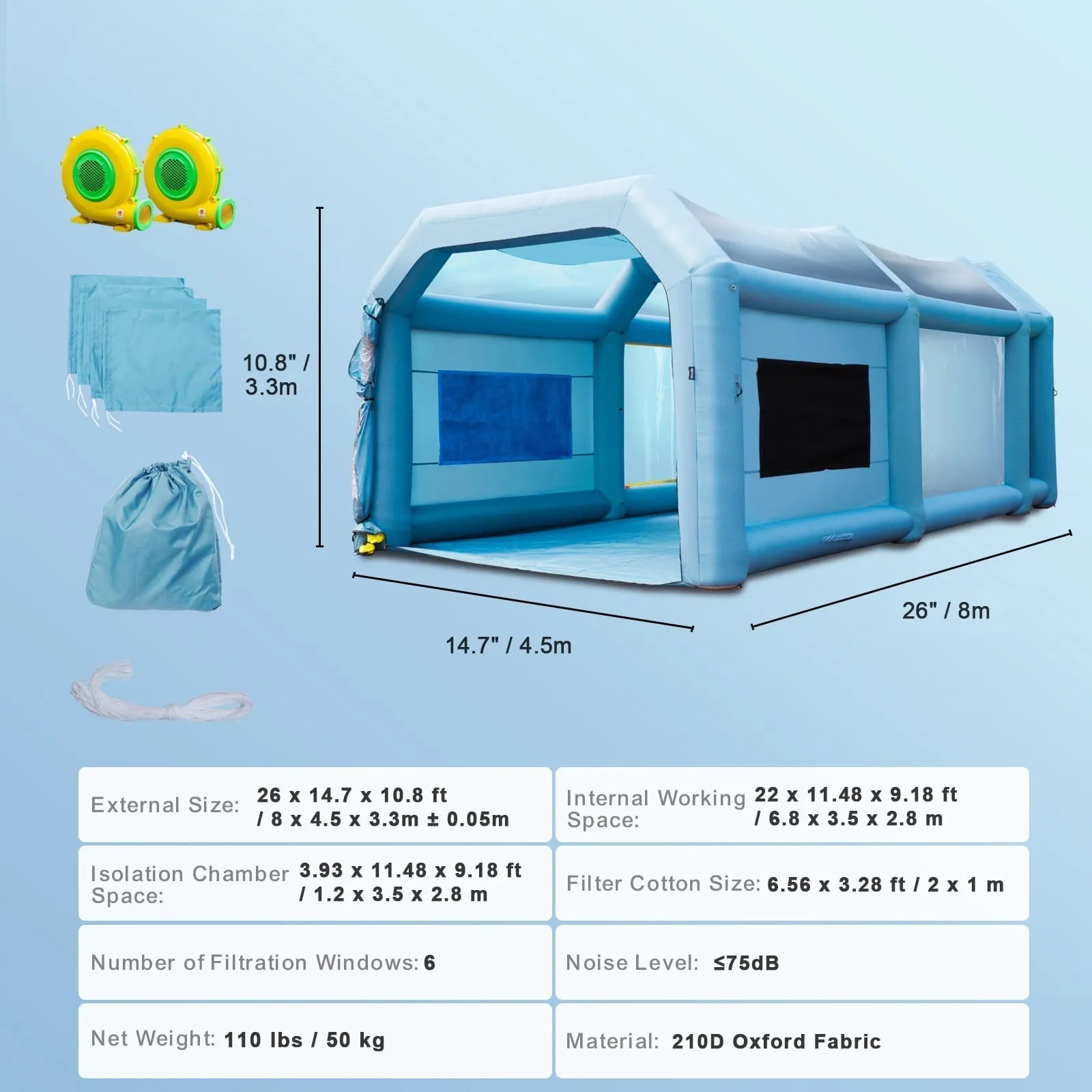 BENTISM Inflatable Paint Booth 26x15x11ft Inflatable Spray Booth Car Paint Tent with 750W 950W Filter System Blower