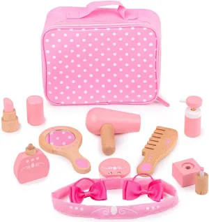 Bigjigs Toys Wooden Kids Vanity Case - 11pc Vanity Kit & Accessories with Pink Polka Dot Carry Bag, Ideal Pretend Play Toy & Gift for Girls