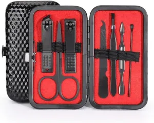 Black Checkered PU Leather Bag Nail Clipper Seven Piece Set Manicure Set(Style 1)