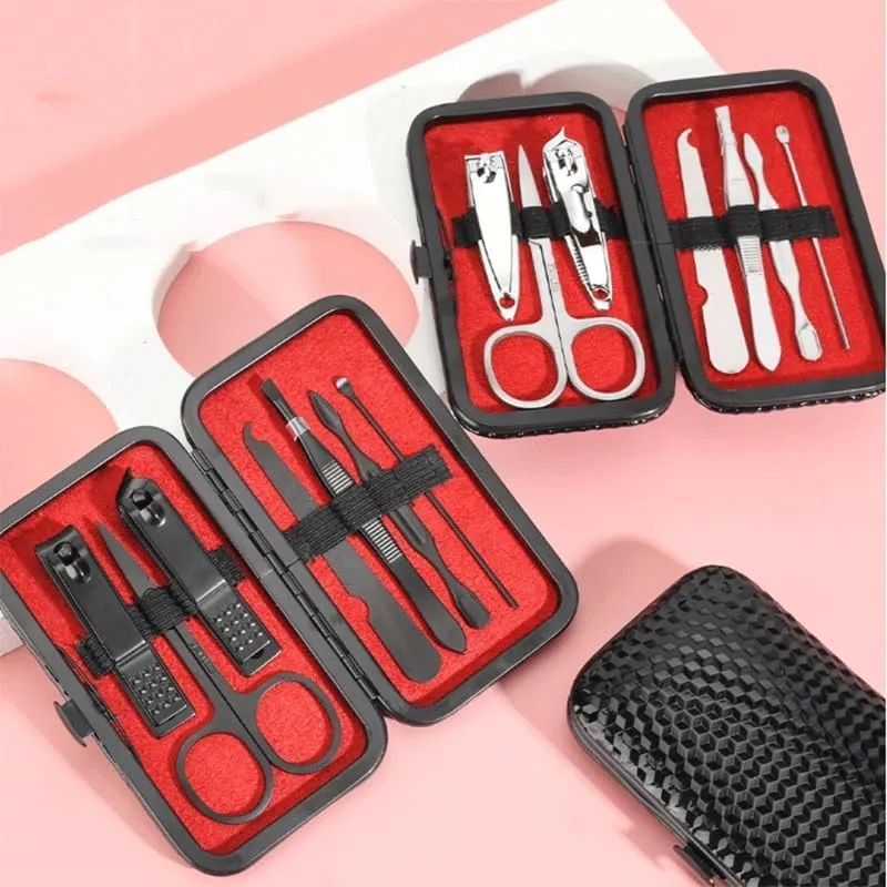 Black Checkered PU Leather Bag Nail Clipper Seven Piece Set Manicure Set(Style 1)