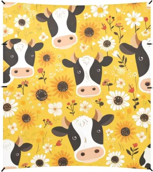 Black White Cow Print Sunflowers Foldable Beach Tent UPF50  Lightweight Large Sun Shelter with Sandbags and Shovel for Camping, Fishing, Backyard Fun