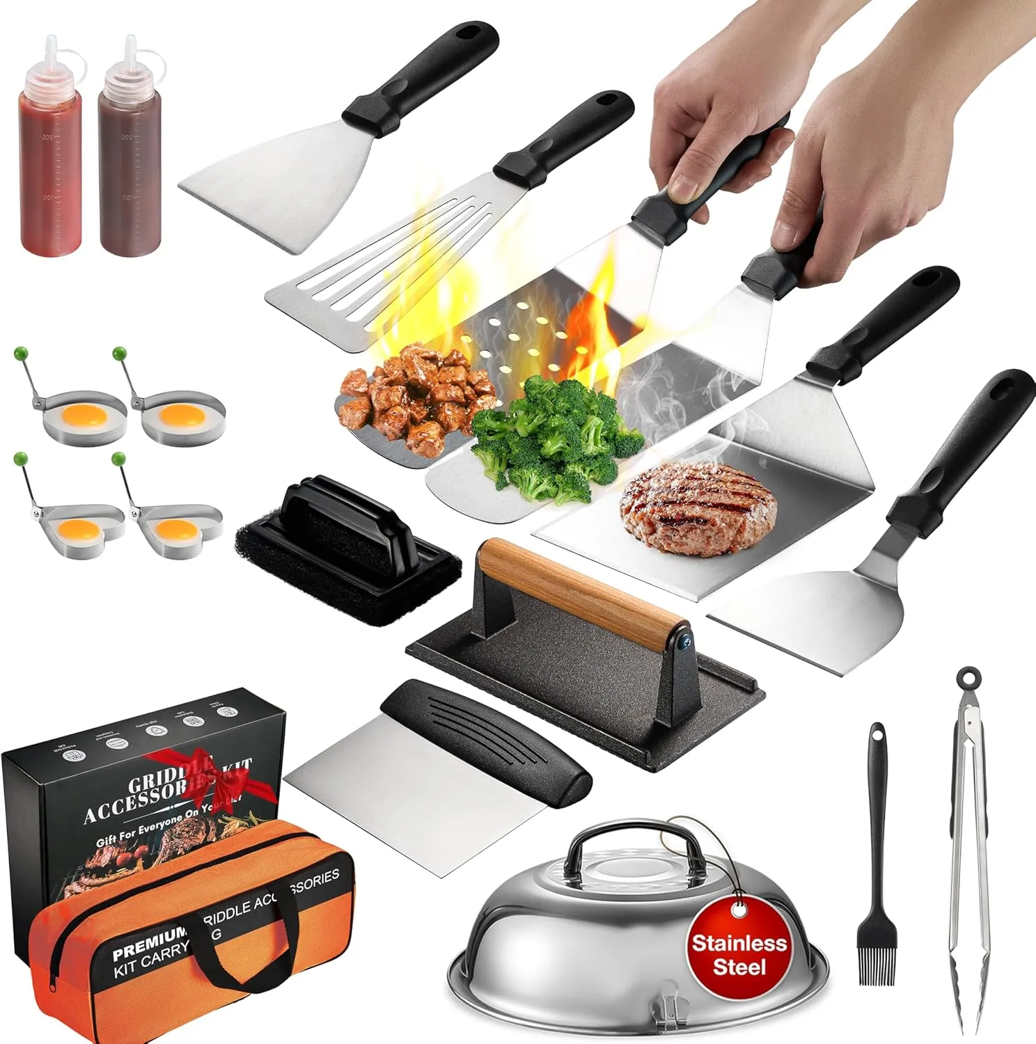 Blackstone Griddle Accessories Kit, Stainless Steel Flat Top Grill Accessories for Outdoor Grill, Blackstone Griddle Tools with Spatula Set, Smash Burger Press Kit, Scraper & Basting Cover & Tong