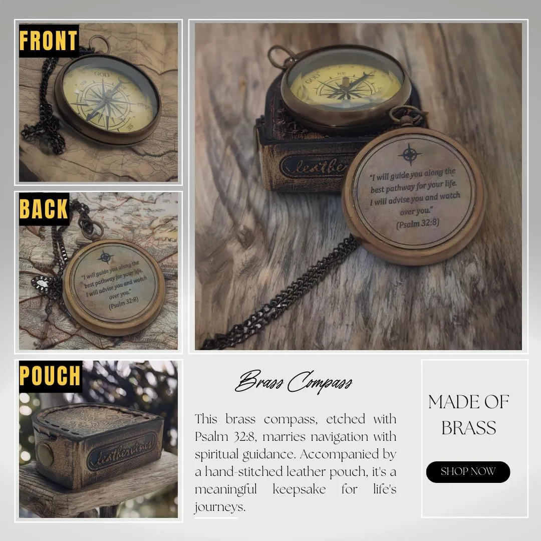Brass Compass with Psalm 32:8 - Inspirational Graduation Gift 2025, First Communion Gift for Boys, Religious Confirmation Gift, Faith-Based Keepsake for Men & Women