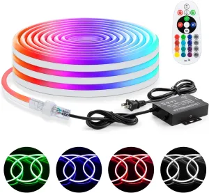 Brillihood RGB Neon Rope Light, Flexible 120V LED Neon Light Strip, SMD5050 80LEDs/M Outdoor Waterproof Neon Lighting with RF Remote & 2M Controller Plug for Home Building Commercial Decor, 10M/32.8Ft